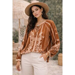 Savanna Jane Size Medium Embroidered Boho Blouse Brown Floral Rayon Tie Neck
